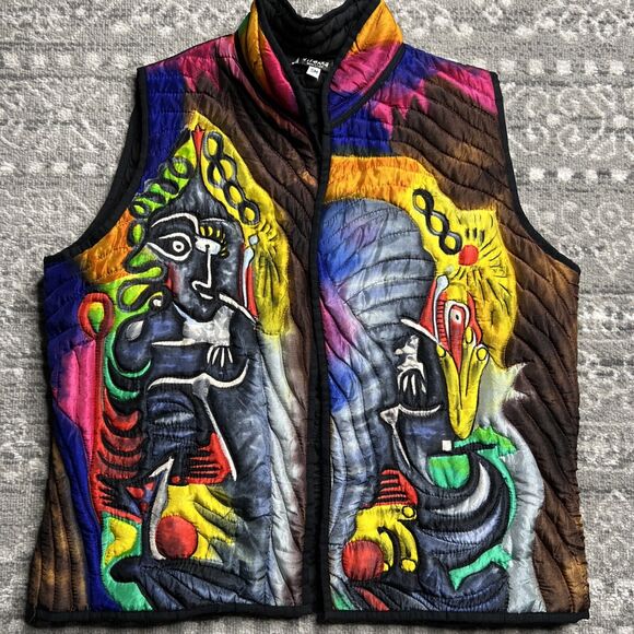 Dilemma Dhun Shroff Vest Small Medium Painted Silk Quilted Picasso Artsy - Picture 1 of 9